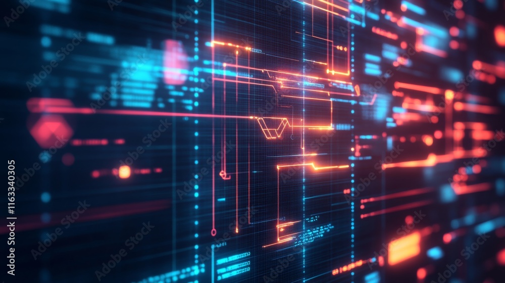 Poster futuristic abstract digital interface with glowing lines and data patterns in vibrant orange and blu