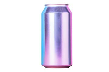 Aluminum silver small soda can on pink, purple pastel isolated on cut out PNG or transparent background. Realistic bottle drink template pattern Composition suitable for advertising and brand purposes