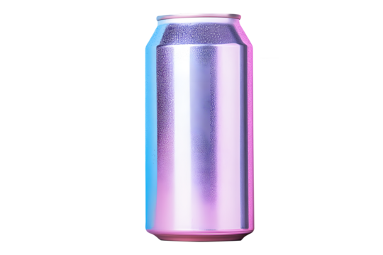 Aluminum silver small soda can on pink, purple pastel isolated on cut out PNG or transparent background. Realistic bottle drink template pattern Composition suitable for advertising and brand purposes