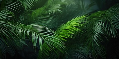 Close-Up View of Lush Green Palm Leaves Displaying Intricate Patterns and Vibrant Textures in a Serene Natural Setting