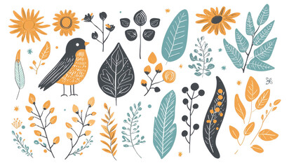 Nature inspired art floral and bird illustrations vibrant colors whimsical style creative design for home decor