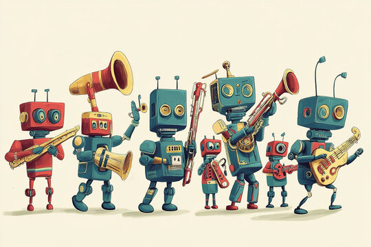 The image is a colorful illustration of a band of robots playing various musical instruments, including trumpets, saxophones, and a guitar