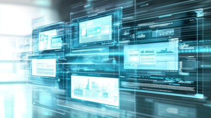 Fototapeta premium Futuristic Data Visualization Interfaces with Digital Charts and Graphs Displayed on Transparent Screens in a Modern Workspace