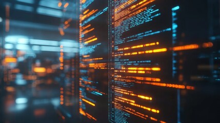 Futuristic Digital Data Flow with Glowing Code on Transparent Screens in a High-Tech Environment