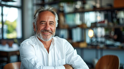 Fototapeta premium Middle-aged man with beard wearing white shirt smiling confidently in a modern office with shelves and bright natural light.