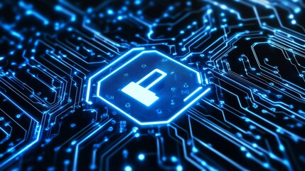 Futuristic Digital Lock Concept with Hexagonal Shape on Circuit Board Background Representing Cybersecurity and Data Protection in Technology Environment