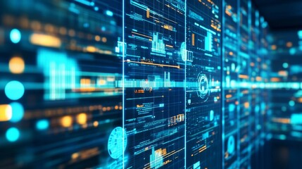 Obraz premium Futuristic Interface with Data Visualizations and Graphs Displaying Information Flow in a Digital Environment for Technology and Analytics Themes