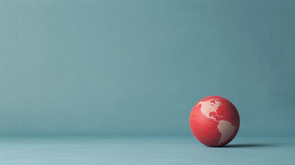 Minimalistic red globe with a textured surface, placed against a soft blue background, symbolizing global themes