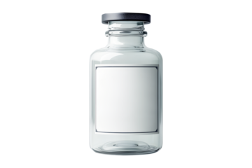 Luxury clear glass vaccine or medicine bottle with sleek and elegant design. Isolated on cut out PNG or transparent background. Shows bottle premium pharmaceutical concept. 