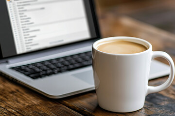 Empty coffee mug next to a laptop with an email inbox open