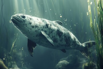 Fototapeta premium Ancient Mud Covered Fish Swims Underwater