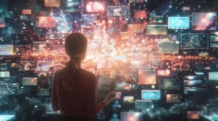 Woman Exploring a Universe of Digital Information