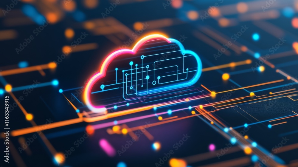Poster vibrant digital cloud icon with circuit patterns on abstract background representing modern technolo