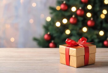 A beautifully wrapped Christmas present on a table with a blurred background of lights and decorations