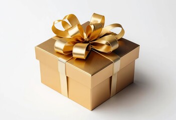 A golden gift box with a shiny ribbon on top