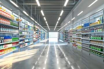 The store's sales area features products displayed, rows of shelves, and natural light. 3D depiction, Generative AI.