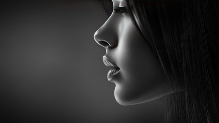 Fototapeta premium Profile view of a woman with long hair, showcasing her elegant jawline and glowing skin, soft natural light creating a flattering effect