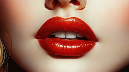 Obraz premium Stunning close-up of a woman's face with beautiful makeup, highlighting her lips and eyes, soft focus and elegant backdrop enhancing her allure