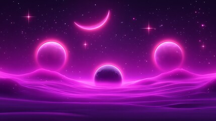 Obraz premium Pink Planetscape with Crescent Moon and Stars