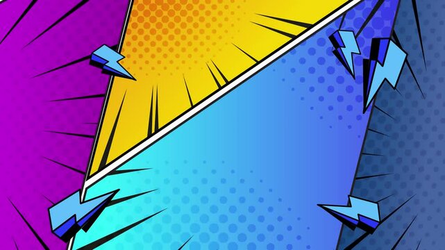 trendy abstract comic background with shapes explosion and lightning on a vibrant background seamless 4k video background motion pop art design
