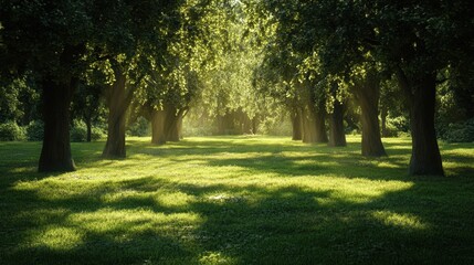 Sunlit trees line a grassy path, creating a tranquil forest scene. Ideal for nature, peace, serenity, and environmental themes.