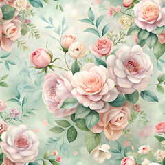 Beautiful Pink Roses Floral Pattern. Vintage Flower Wallpaper