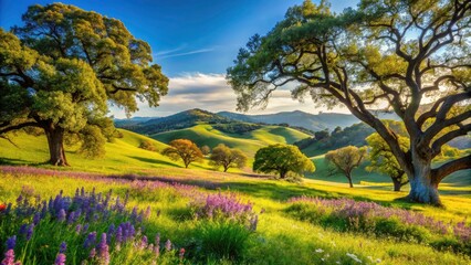 Obraz premium California Oak Woodland Serenity â€“ Majestic Trees and Vibrant Nature in a Picturesque Landscape for Your Creative Projects