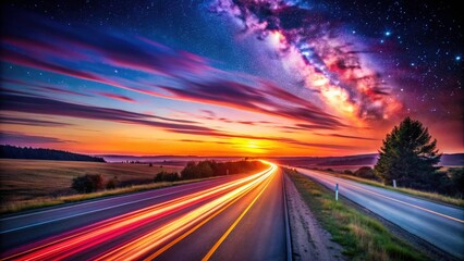 Captivating Long Exposure of a Highway Stretching into the Horizon at Dusk with Star Trails and Vibrant Skies