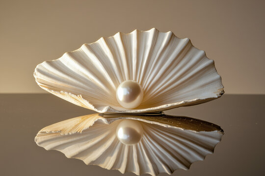 Elegant pearl displayed in a beautifully crafted shell on a reflective surface