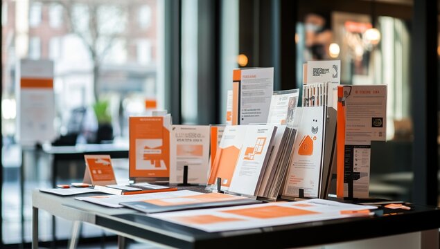 Orange Branded Brochures and Flyers on a Table in a Modern Office Setting