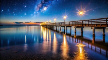 Captivating Night Photography of a Serene Pier with Reflections and Starry Sky, Perfect for Coastal Landscapes, Seascapes, and Tranquil Night Scenes