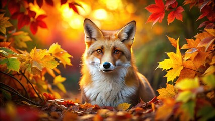 Captivating Red Fox Portrait in Autumn Forest Setting with Vibrant Foliage and Natural Habitat