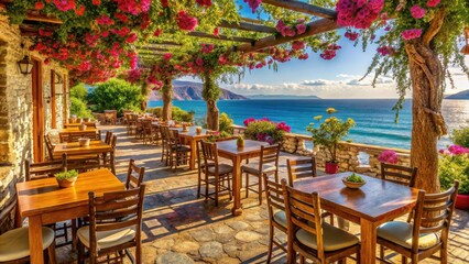 Obraz premium Charming Crete Cafe with Scenic Views, Rustic Decor, and Mediterranean Vibes for Travel Enthusiasts and Food Lovers