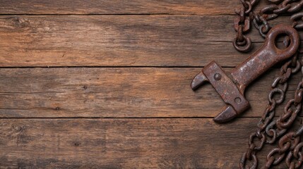 Closeup of a rusted vintage bolt cutter resting on a weathered wooden surface surrounded by old metal chains in an industrial grungy background