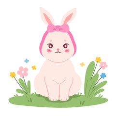 Cute pastel bunny sitting with flowers green grass cartoon character illustration
