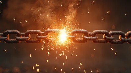 Dramatic close up view of a powerful bolt cutter rapidly slicing through a metal chain creating a burst of intense sparks flames and debris as the links are severed with force