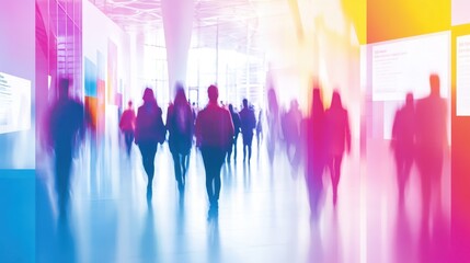 A vibrant corporate meeting scene with silhouettes of professionals and colorful reflections in a bright, modern skyscraper setting.