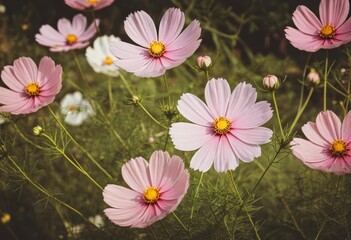 Fototapeta premium A field of colorful cosmos flowers with a vintage filter