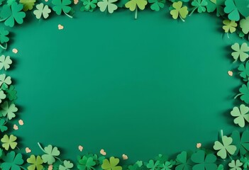 A border made of four leaf clover paper cut-outs and confetti on a green background