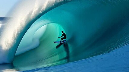Surfer rides epic wave at sunny beach during perfect surfing conditions