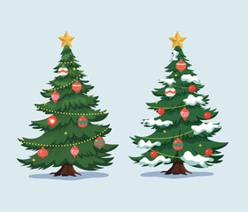 Christmas tree with colored balls hanging on white background, winter pine tree