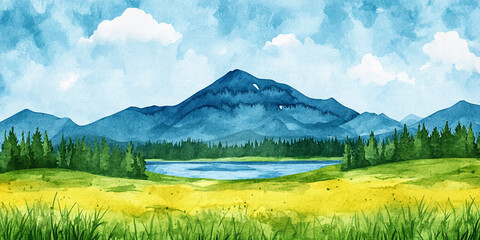 Obraz premium nature spring river landscape watercolor 