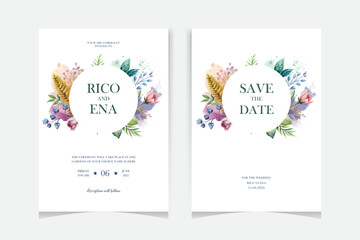 Set of elegant watercolor wedding invitation card template with greenery florals