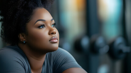 Plus size black woman taking a break contemplating in a gym eye-catching 