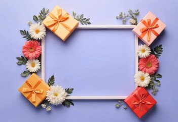 Obraz premium A frame made of colorful gift boxes and flowers on a white background