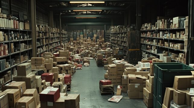 A cluttered warehouse filled with stacked boxes and disorganized items.