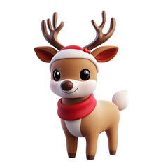 Cute little deer with a red scarf and a red hat on its head.