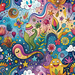 Obraz premium Colorful Floral Pattern with Whimsical Characters