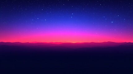 Fototapeta premium Pink and Purple Sunset Over Silhouetted Mountains Under a Starry Sky