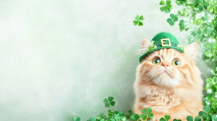 Lucky Cat in Leprechaun Hat: Adorable ginger cat wearing a festive green leprechaun hat, surrounded by four-leaf clovers. Perfect for St. Patrick's Day greetings and celebrations.